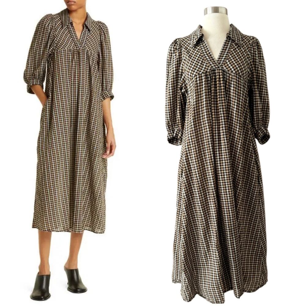 Samsoe Samsoe Opal Collared Midi Plaid Dress Brown 3/4 Sleeves Split Neck Small